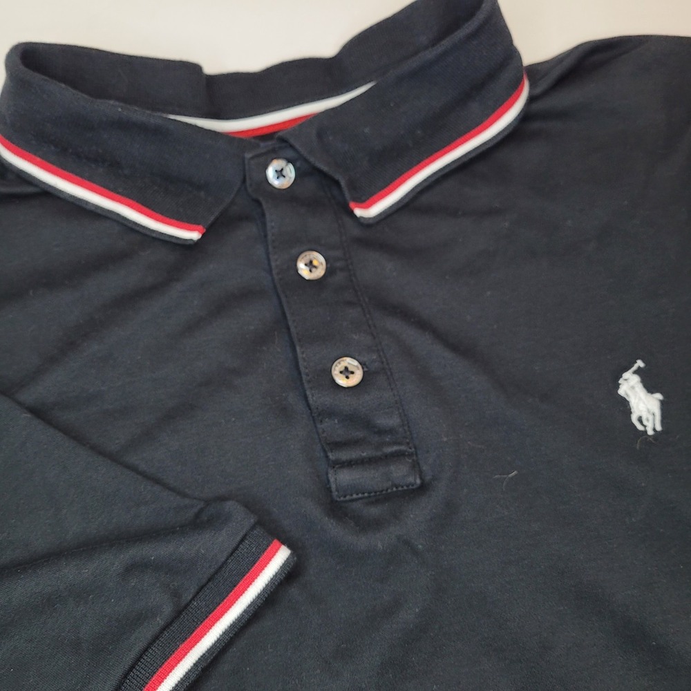 Polo Ralph Lauren Polo Shirt Mens XL Black Custom‎ Slim Fit Tipped Pony Logo